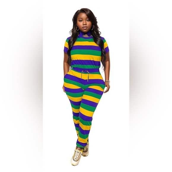 NoLaLa Boutique Pants - Mardi Gras Purple, Green and Gold Striped 2pc Set
